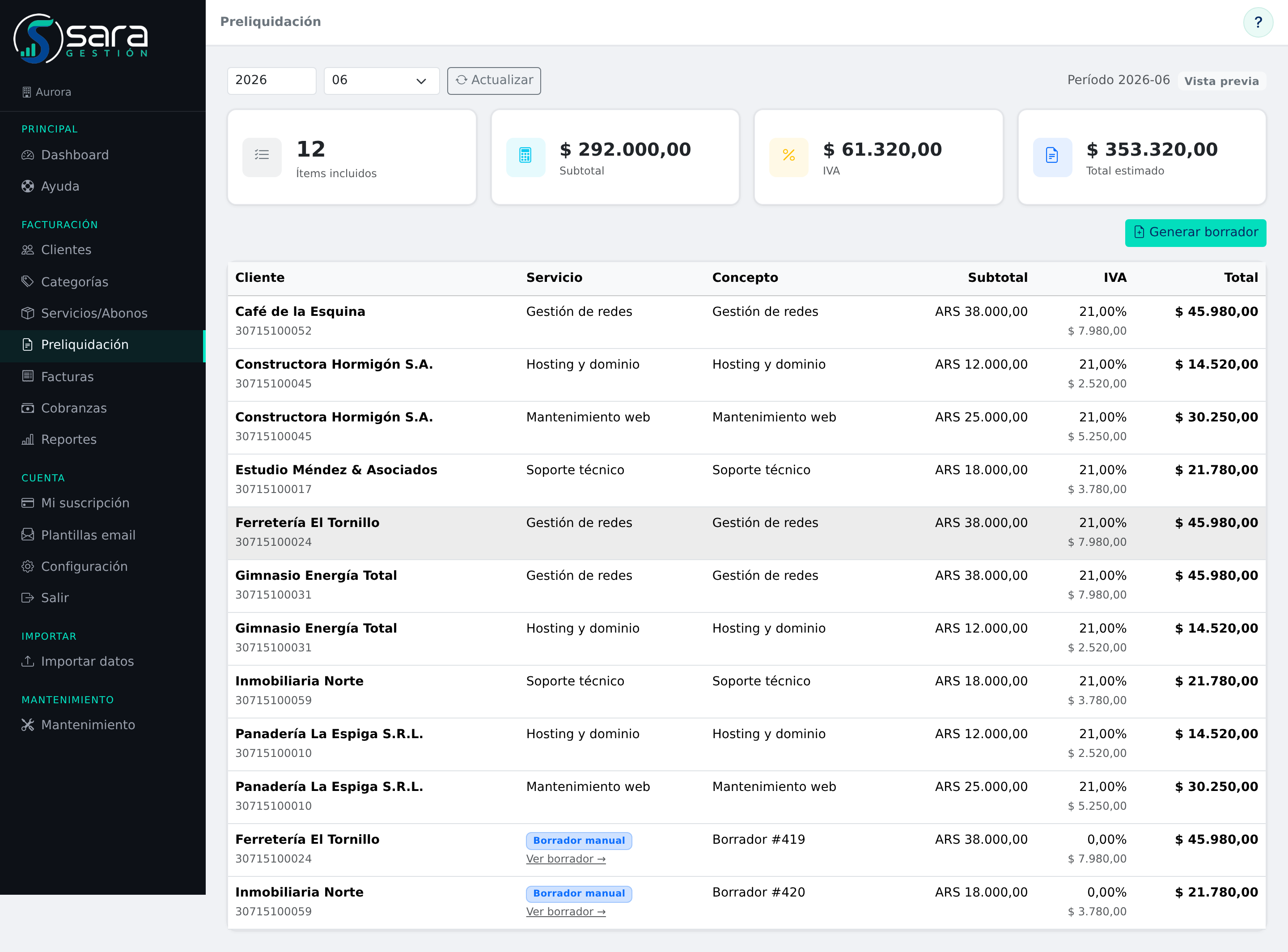 Pantalla de preliquidación de Sara: conceptos e importes del mes para revisar antes de emitir