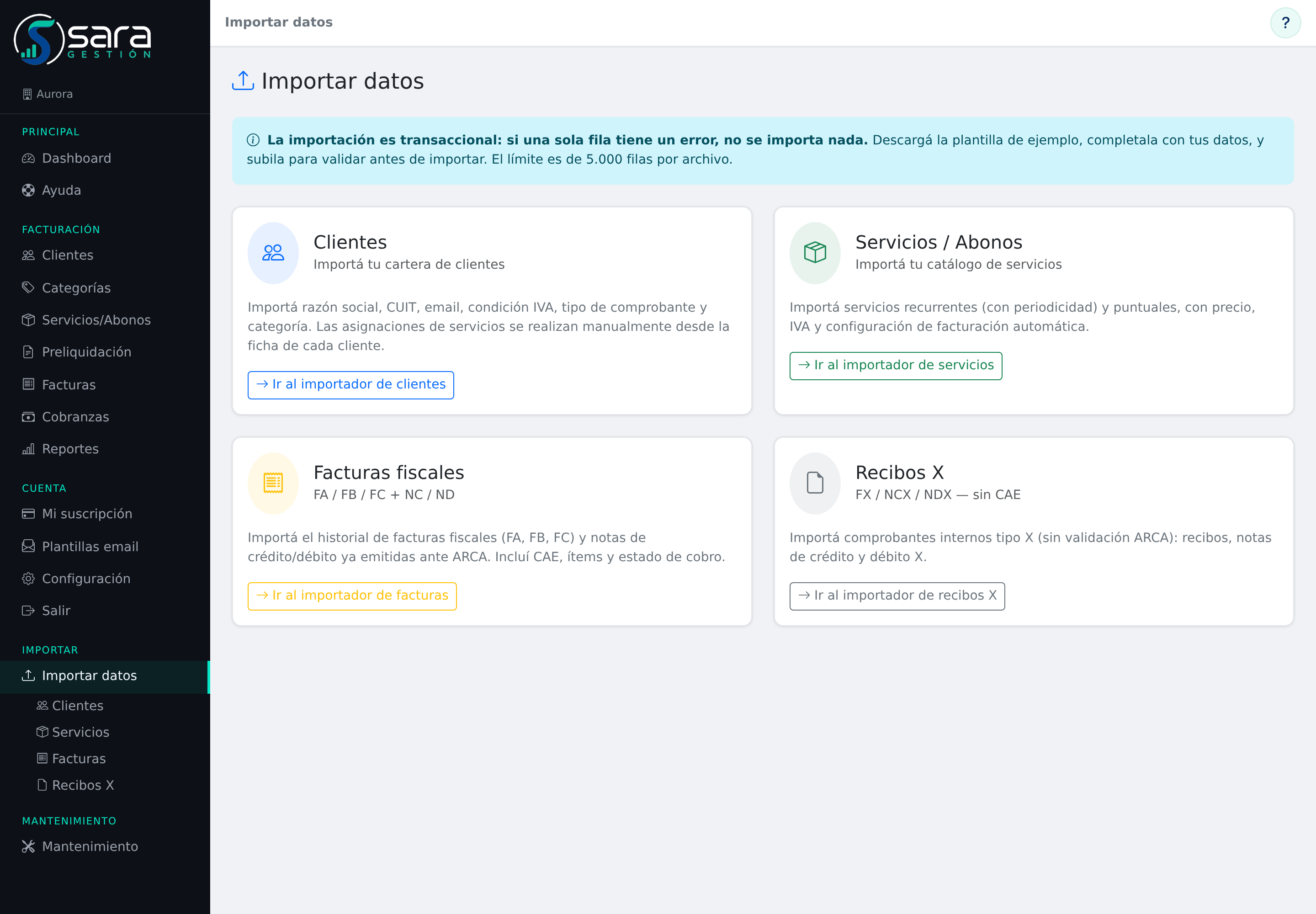 Pantalla de importación de datos desde Excel en Sara